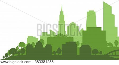 Green Heart Of City Outline With Skyscrapers And Residential Houses On White Background, Vector Illu