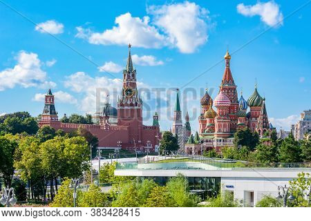 Moscow Skyline With Cathedral Of Vasily The Blessed (saint Basil's Cathedral) And Spasskaya Tower On