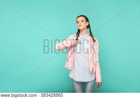 Its Me! Proud Portrait Of Beautiful Cute Girl Standing With Makeup And Brown Pigtail Hairstyle In St