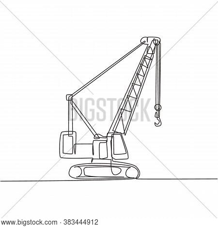 One Continuous Line Drawing Of Crane Truck For Building Construction, Business Commercial Vehicles. 