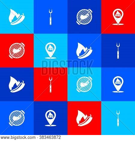 Set Hot Chili Pepper Pod, Barbecue Fork, Grill With Steak And Location Barbecue Icon. Vector