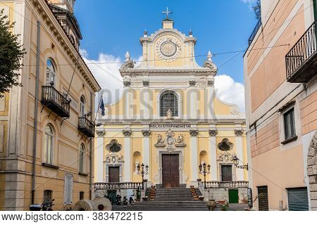 Minori, Amalfi Coast, Campania, Italy, February 2020: The Imposing Basilica Of Santa Trofimena In Ne