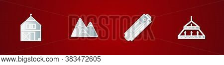 Set Farm House, Mountains, Harmonica And Massive Steel Chandelier Icon. Vector