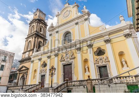 Minori, Amalfi Coast, Campania, Italy, February 2020: The Imposing Basilica Of Santa Trofimena In Ne
