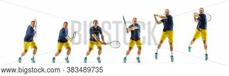 Jumping. Young Caucasian Professional Sportsman Playing Tennis On White Background, Collage, Motion 