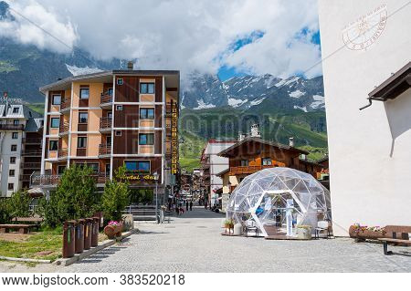 Cervinia, Italy - July 12, 2020: Picturesque Mountain Town Of Cervinia During Summer