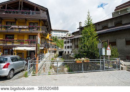 Cervinia, Italy - July 12, 2020: Picturesque Mountain Town Of Cervinia During Summer