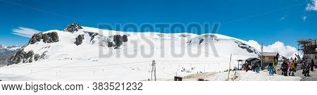 Cervinia, Italy - July 12, 2020: Skiers Enjoying Summer Skiing On Plateu Rosa