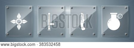 Set Hand Grenade, Military Knife, Police Rubber Baton And Japanese Ninja Shuriken. Square Glass Pane