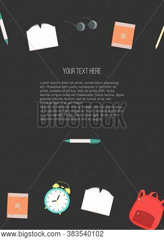Vector Illustration With School Knapsack, Book, Pencils, Eyeglasses, Alarm Clock And Place For Text.