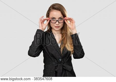 Confident Business Woman. Successful Career. Portrait Of Presentable Intelligent Female Leader In Bl