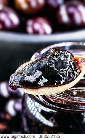 Jabuticaba (or Jaboticaba) Jelly, Close-up On Wooden Spoon, Grape From Latin America Used In Sweets