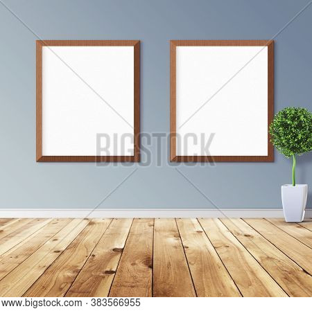 White Posters With Frame On Wall. Mock Up For You Design Preview. Good Use For Advertasing Materials