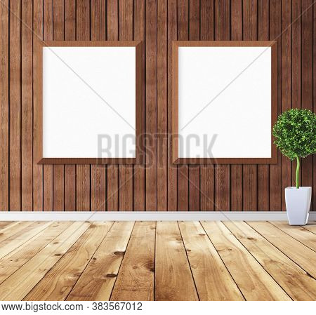 White Posters With Frame On Wall. Mock Up For You Design Preview. Good Use For Advertasing Materials