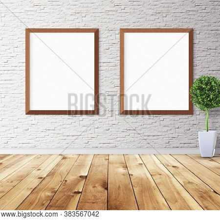 White Posters With Frame On Wall. Mock Up For You Design Preview. Good Use For Advertasing Materials