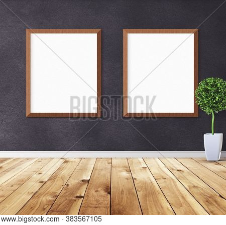 White Posters With Frame On Wall. Mock Up For You Design Preview. Good Use For Advertasing Materials