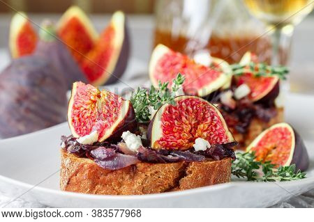 Grain Baguette Sandwiches With Figs, Feta Cheese, Red Onion Marmalade And Thyme . Delicious Snack Fo