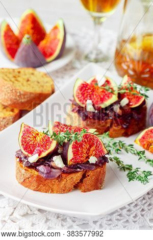 Grain Baguette Sandwiches With Figs, Feta Cheese, Red Onion Marmalade And Thyme . Delicious Snack Fo