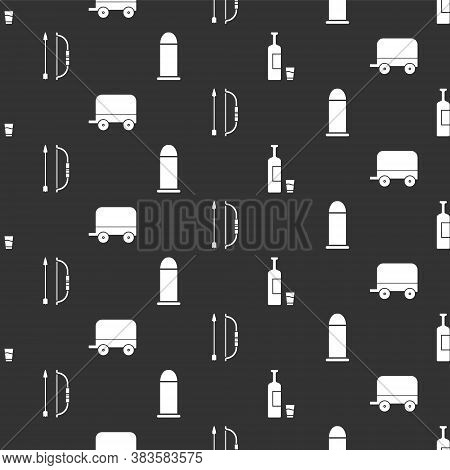 Set Whiskey Bottle And Glass, Wild West Covered Wagon, Bow And Arrow In Quiver And Bullet On Seamles