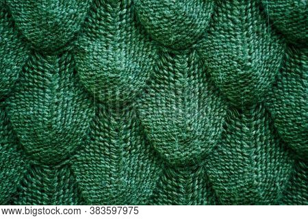 Realistic Knitted Texture Closeup In Green . Background Template For The Design Of The Banner, Site,