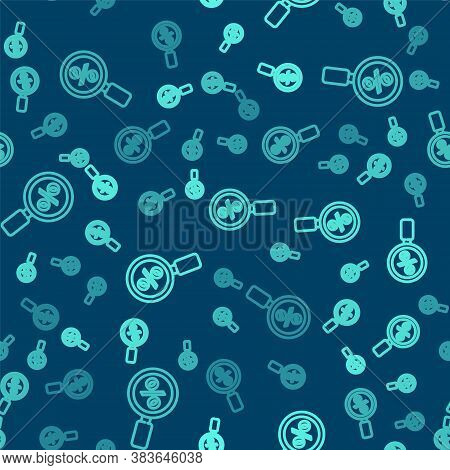 Green Line Magnifying Glass With Percent Icon Isolated Seamless Pattern On Blue Background. Discount