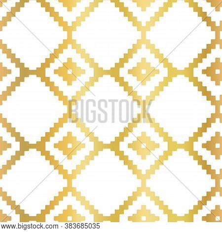 Gold Foil Abstract Seamless Vector Pattern With Golden Ikat Rhombus Shapes On White. Geometric Repea
