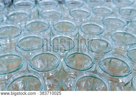 Glass Jar Empty Glasses Row For Jam Honey With Lid Caps Abstract Background
