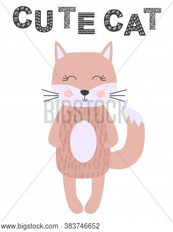 Cute Cartoon Cat Girl In Scandinavian Style. Childish Print For Nursery, Kids Apparel, Poster, Postc