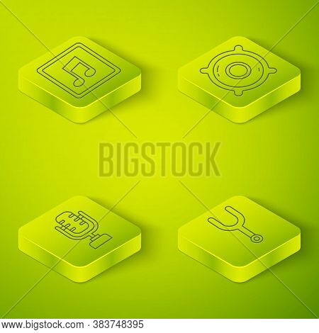 Set Isometric Stereo Speaker, Microphone, Musical Tuning Fork And Music Note, Tone Icon. Vector