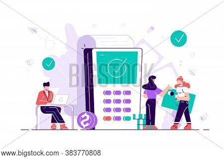 Shopping. Concept Payment Terminals With Tick Check Marks On Screen For, Social Media, Documents, Po