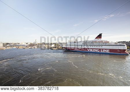 Gulf Of Finland, July 27, 2020 Panorama Of Helsinki And Viking Line Ferries, Sunny Day. High Quality