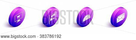 Set Isometric Shopping Cart On Computer, Warehouse, Warehouse And Envelope Icon. Vector