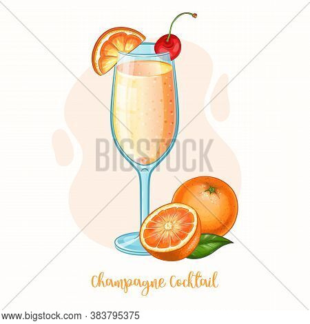 Vector Champagne Cocktail Glass With Orange And Cherry. Alcohol Drink