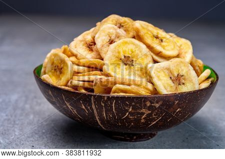 Healthy Snack, Crispy Dehydrated Unsugared Banana Chips In Bowl