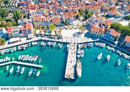 Tourist Town Of Selce Waterfront And Colorful Architecture Aerial View, Crikvenica Riviera In Croati