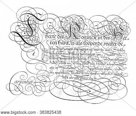 Writing example with the text: Text with three decorated capital letters: T, K and H, vintage engraving.