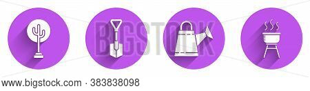 Set Tree, Shovel, Watering Can And Barbecue Grill Icon With Long Shadow. Vector