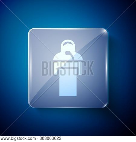 White Gives Lecture Icon Isolated On Blue Background. Stand Near Podium. Speak Into Microphone. The 