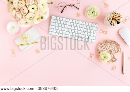 Stylized, Pink Womens Home Office Desk. Workspace With Computer, Bouquet Ranunculus And Roses, Clipb