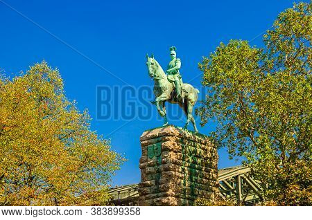 Equestrian Statue Of Kaiser Wilhelm Ii Monument On Stone Pedestal Near Hohenzollern Bridge In Cologn