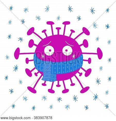 Cartoon Coronavirus Bacteria In Blue Scarf With Snowflakes. Isolated On White Background. Vector Sto