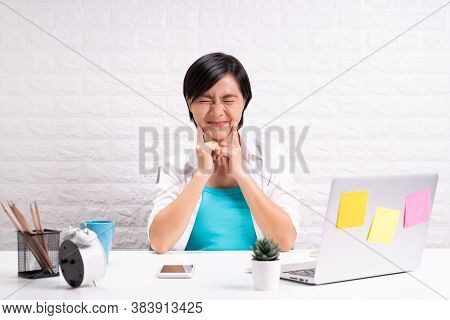 Happy Woman Sitting At Home Office Working Using Computer Laptop
