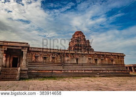 Vithala Temple Hampi Ruins Antique Stone Art From Unique Angle With Amazing Blue Sky