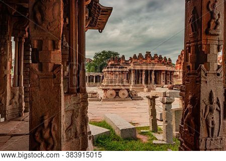Vithala Temple Hampi Ruins Interior Antique Stone Art From Unique Angle
