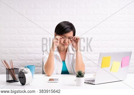 Sad Woman Sitting At Home Office Working Using Computer Laptop