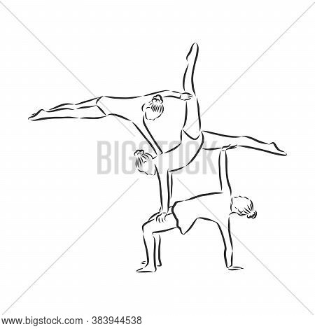 Acrobatic, Balance, Performance, Cooperation Concept. Hand Drawn Acrobats Performing On Scene Concep