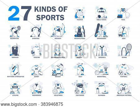 Different Kinds Of Sports Flat Icons In Set Collection For Design. Athlete, Competitions Vector Symb