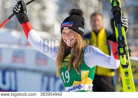 Corinne Suter Of Switzerland Celebrates Third Place At Fis Ski World Cup Super-g In Lake Louise, Alb