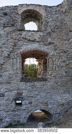 Autumn Landscape Of Old Koknese Castle Ruins And River Daugava Located In Koknese Latvia. Medieval C