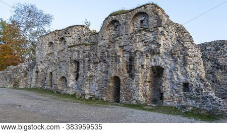 Autumn Landscape Of Old Koknese Castle Ruins And River Daugava Located In Koknese Latvia. Medieval C